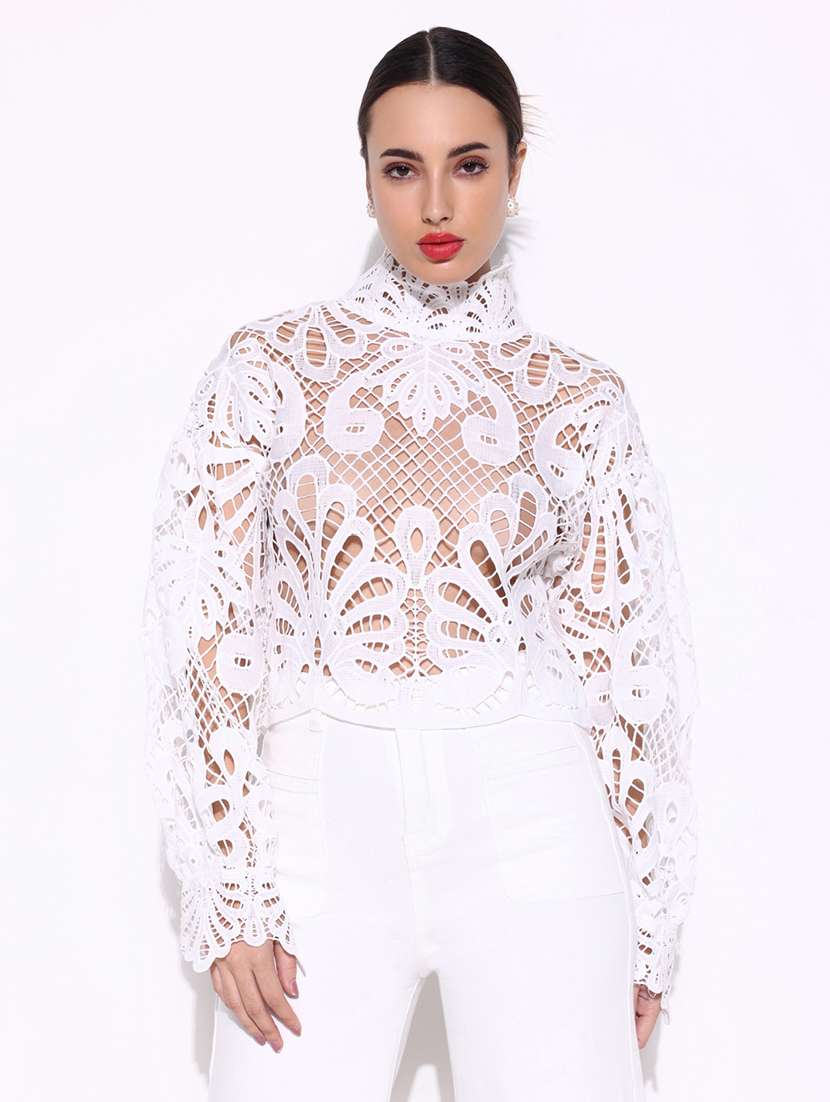 women lace deatiled puff sleeves regular top