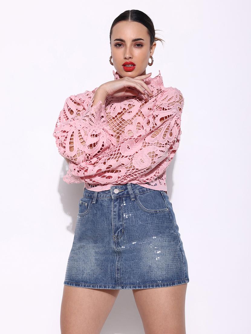 women lace deatiled puff sleeves regular top - 21643418 -  Zoom Image - 0