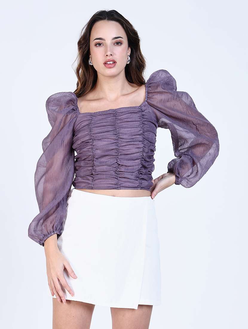 women solid puff sleeves crop top
