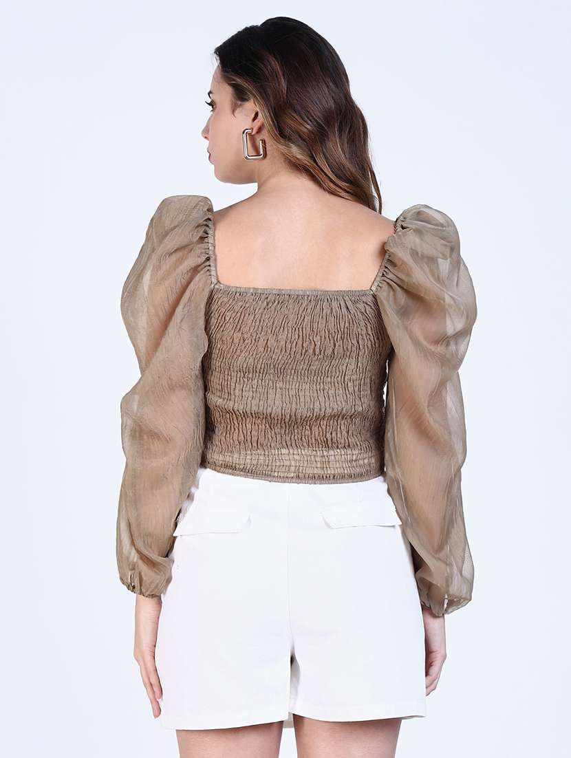 women solid puff sleeves crop top - 21643426 -  Standard Image - 3