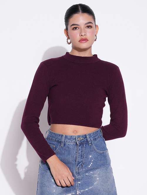 women purple solid long sleeve crop top - 21643439 - Standard Image - 0