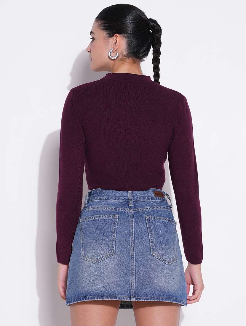 women purple solid long sleeve crop top - 21643439 - Standard Image - 3