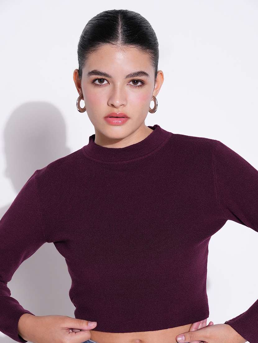 women purple solid long sleeve crop top - 21643439 - Standard Image - 5