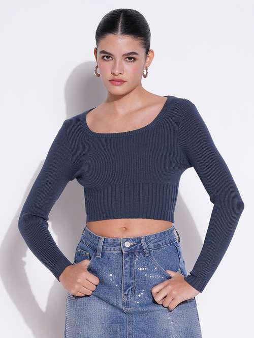 women blue solid long sleeve crop top - 21643442 - Standard Image - 0
