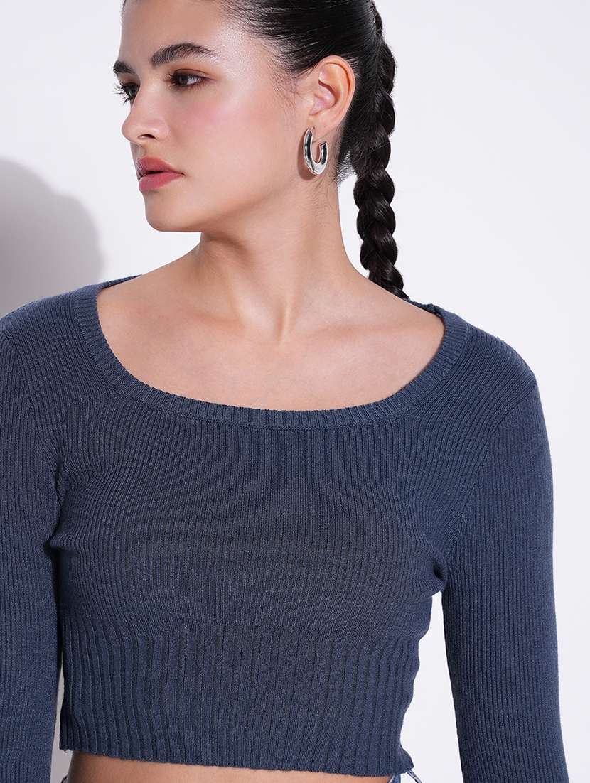 women blue solid long sleeve crop top - 21643442 - Standard Image - 5