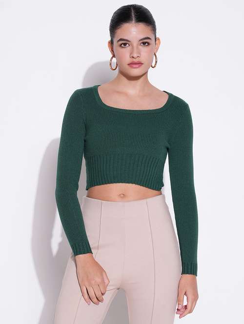 women green solid long sleeve crop top - 21643443 - Standard Image - 0