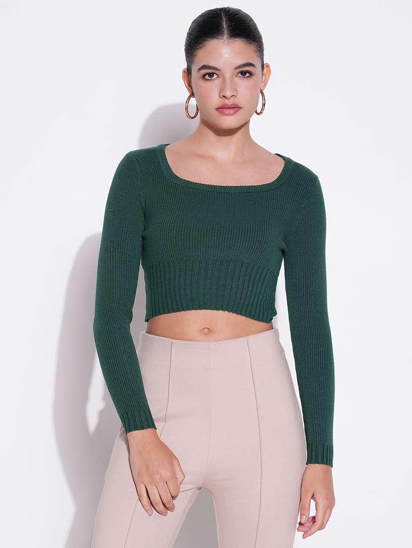 women green solid long sleeve crop top - 21643443 - Zoom Image - 0