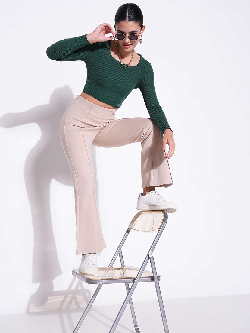 women green solid long sleeve crop top - 21643443 - Standard Image - 5