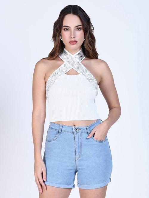 women white solid sleeveless crop top - 21643450 -  Standard Image - 0