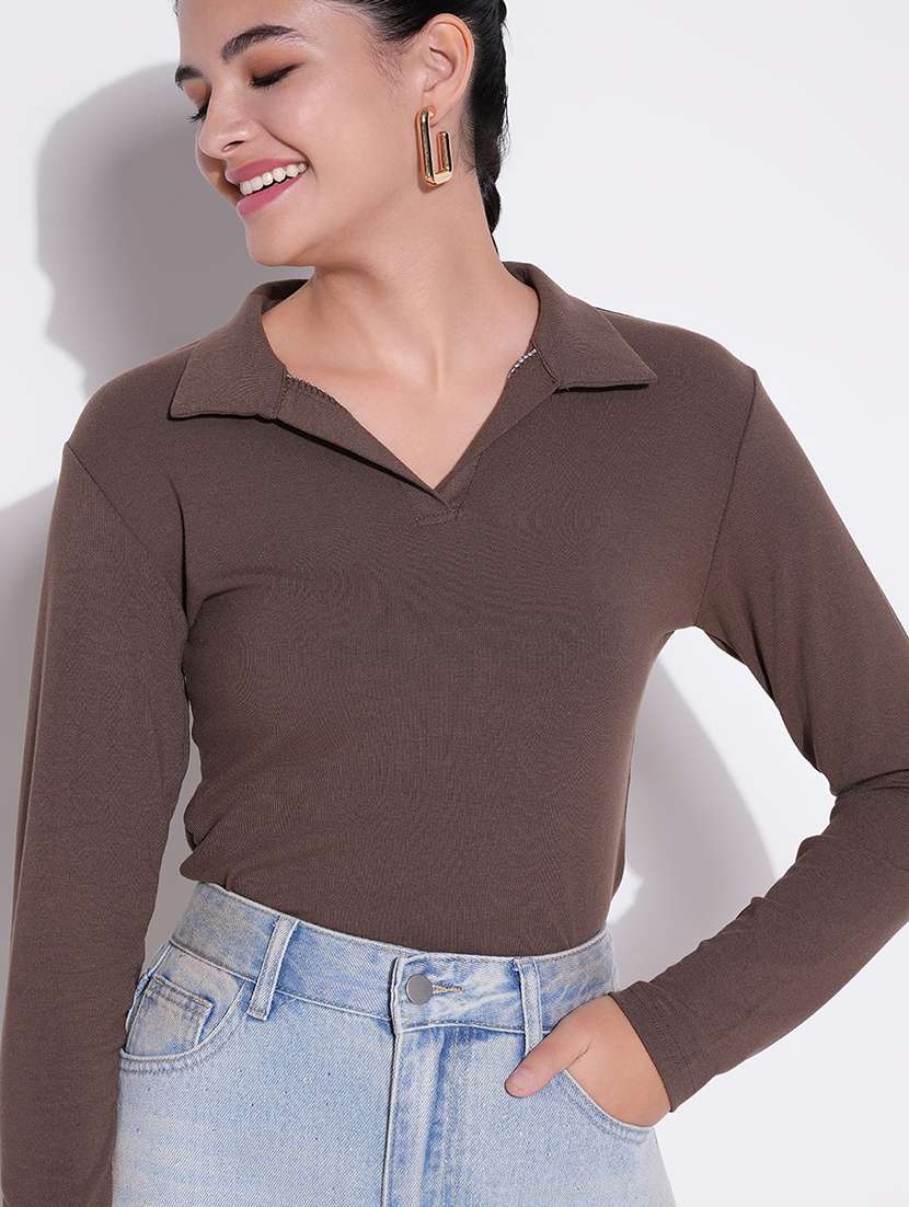 women solid collared long sleeves regular top - 21643457 -  Standard Image - 5