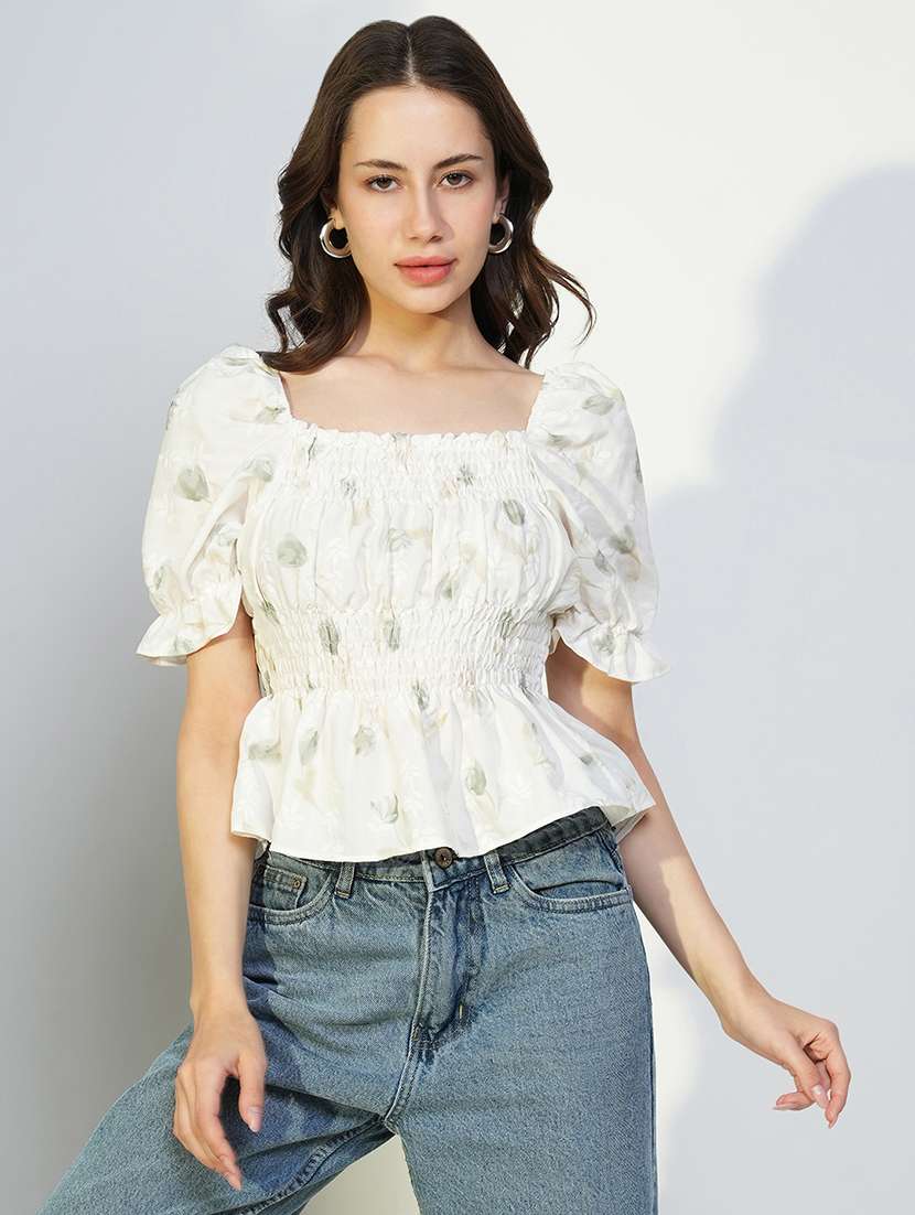 women printed smocked detailed peplum top