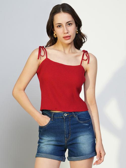 women solid shoulder strap neck top - 21643493 -  Standard Image - 0