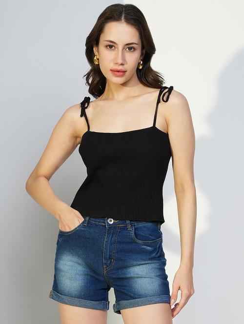 women solid shoulder strap neck top - 21643494 -  Standard Image - 0