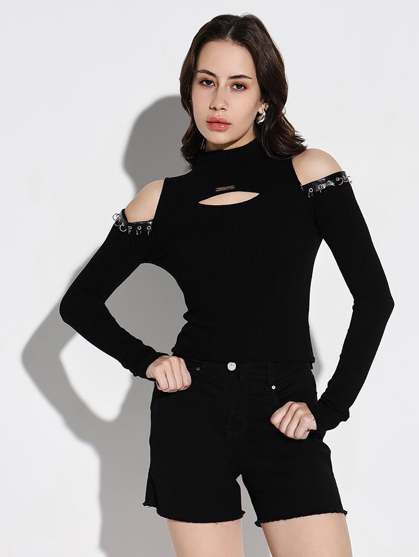 women black solid cold shoulder sleeve top - 21643502 - Zoom Image - 0