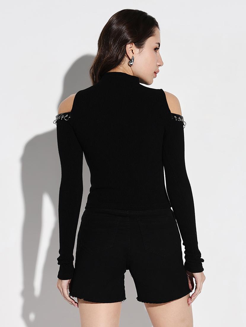 women black solid cold shoulder sleeve top - 21643502 - Standard Image - 3