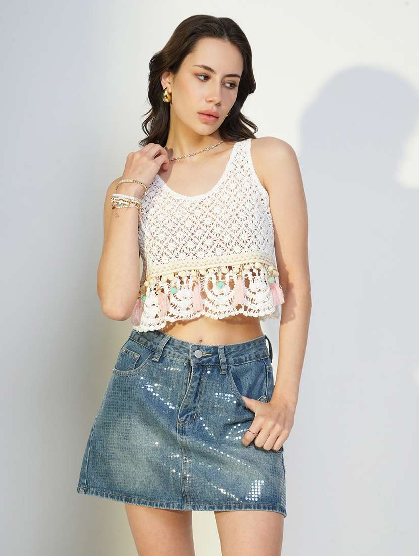 women crochet detailed sleeveless top