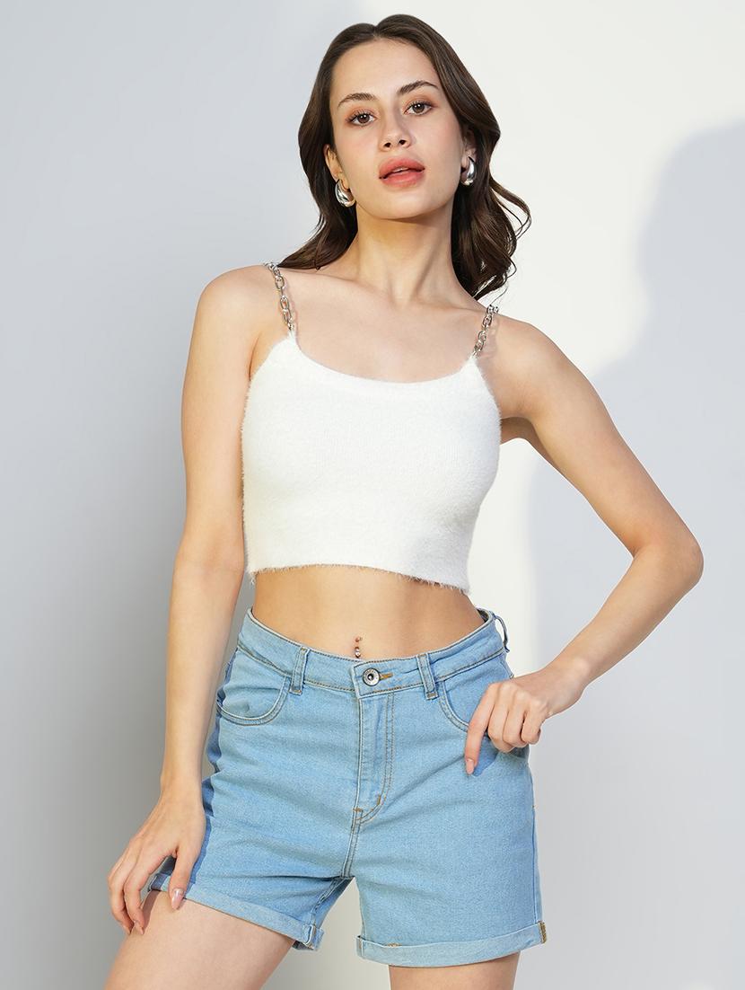 women white solid shoulder strap crop top - 21643506 - Zoom Image - 0