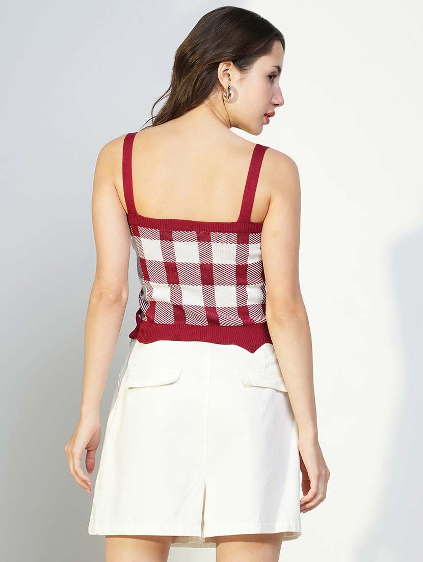 women checks shoulder strap neck top - 21643512 -  Standard Image - 3