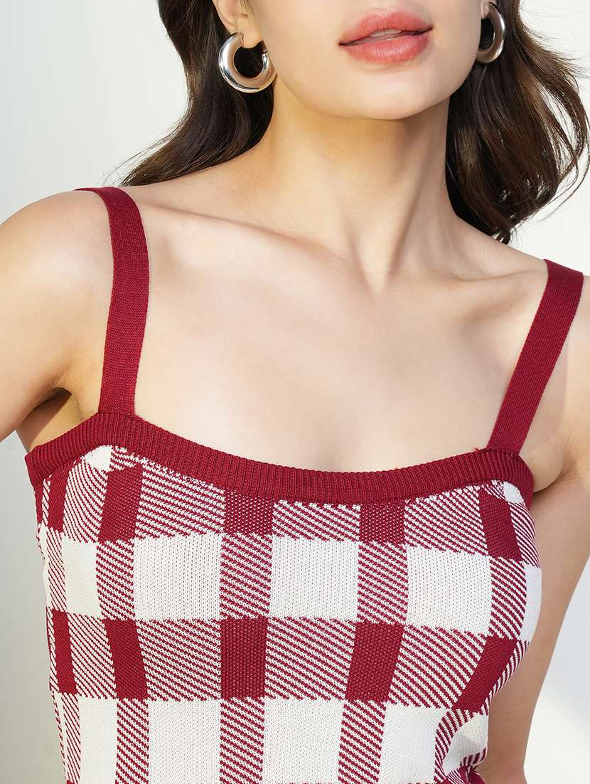 women checks shoulder strap neck top - 21643512 -  Standard Image - 5