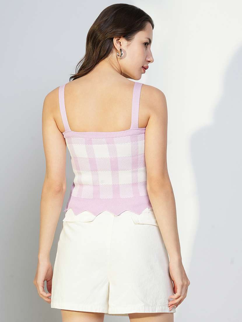 women checks shoulder strap neck top - 21643513 -  Standard Image - 3