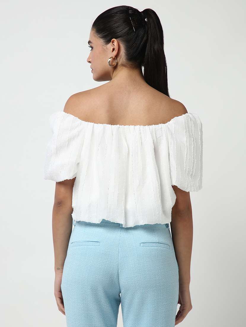 women white solid puff sleeves blouson top - 21643515 -  Standard Image - 3