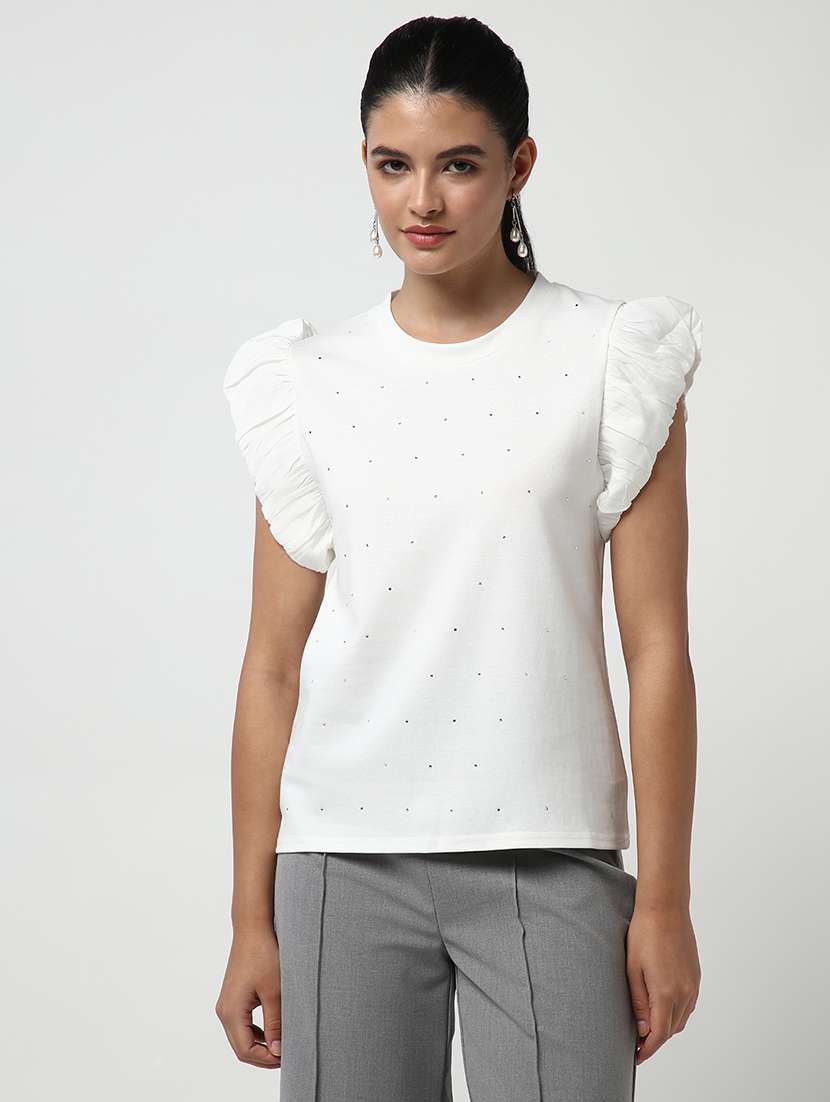 women white solid with work puff sleeve top