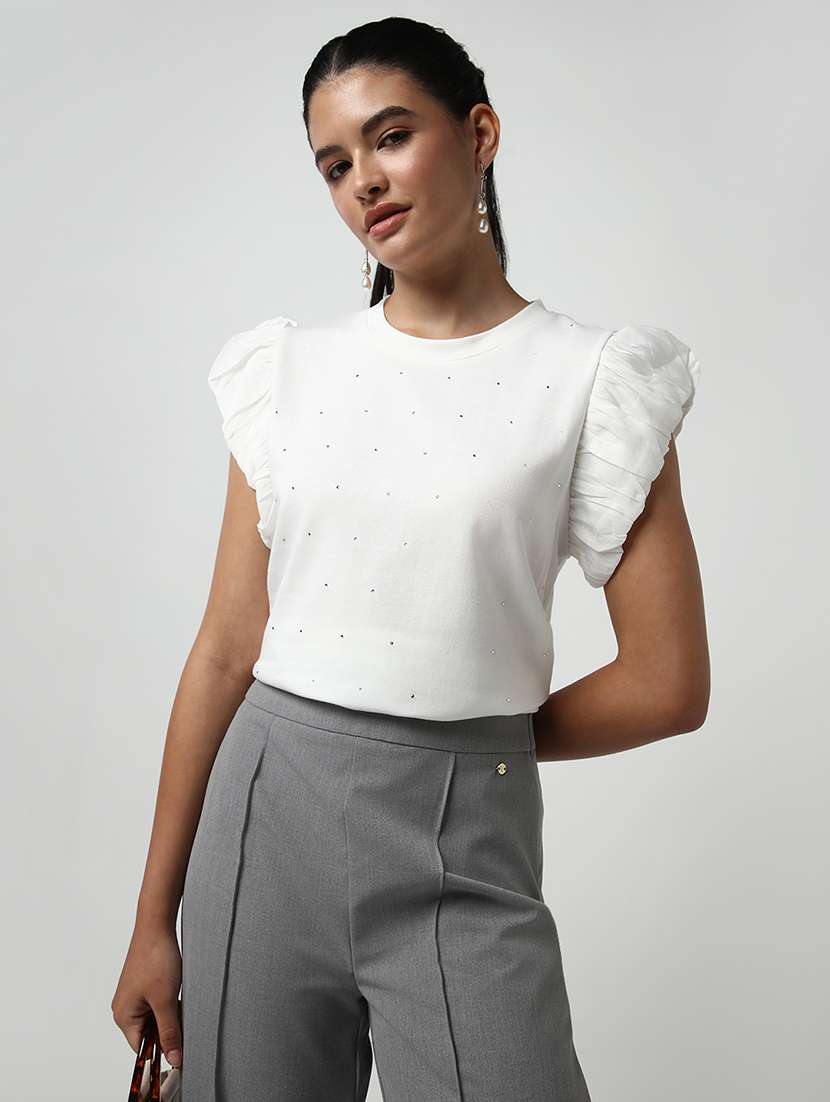 women white solid with work puff sleeve top - 21643526 -  Standard Image - 5
