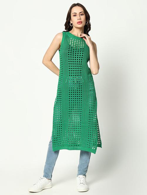 women green solid crochet longline top - 21643527 - Standard Image - 0