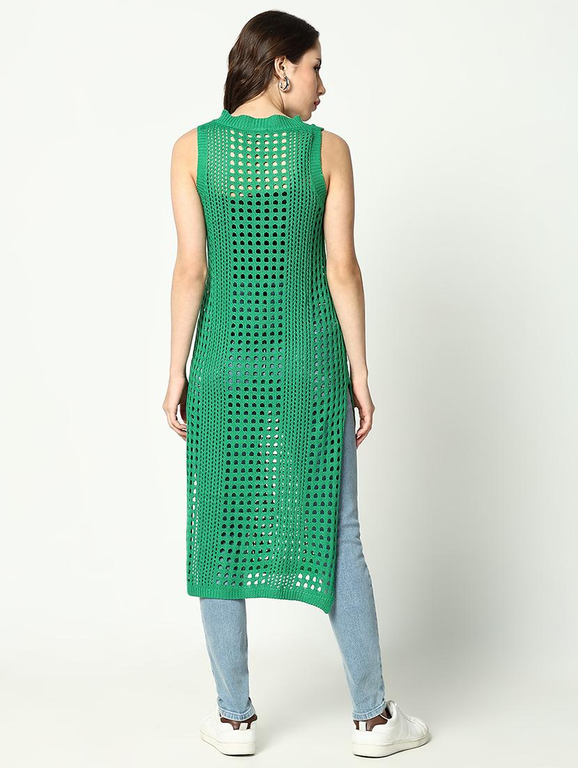 women green solid crochet longline top - 21643527 - Standard Image - 3
