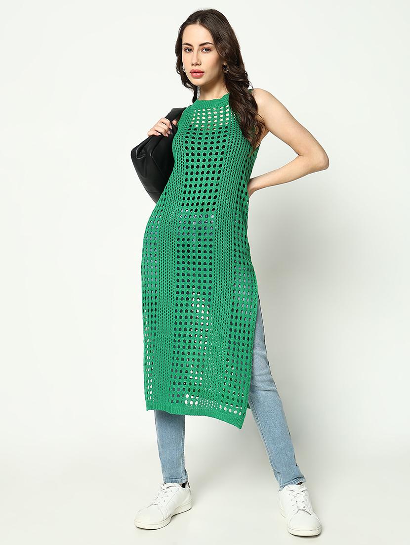 women green solid crochet longline top - 21643527 - Standard Image - 5