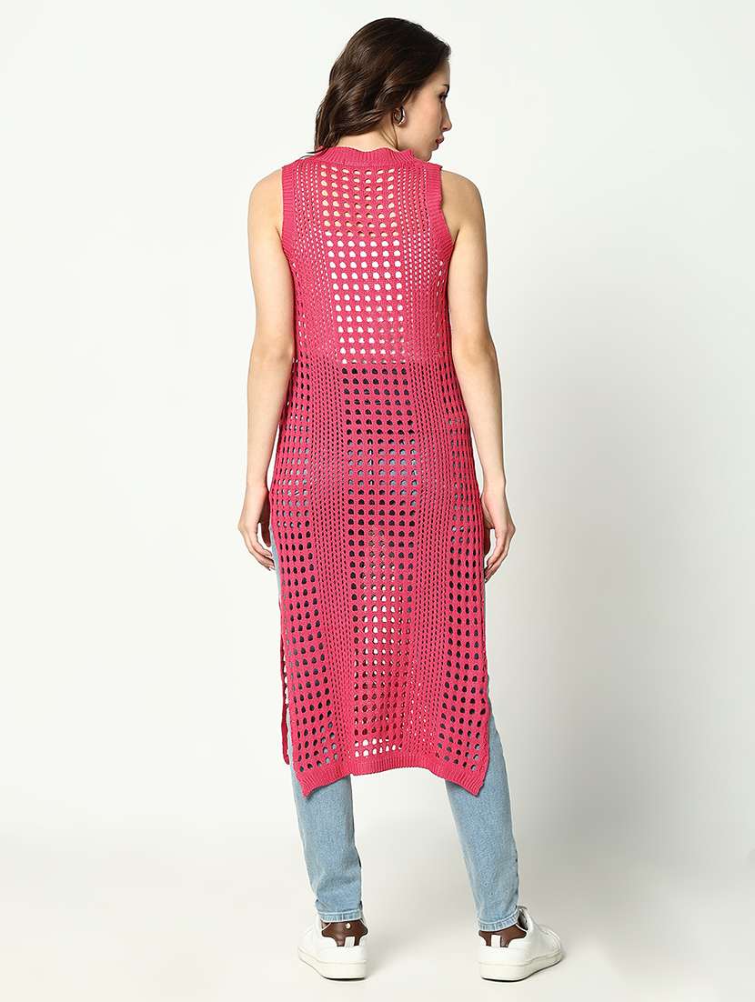 women pink solid crochet longline top - 21643528 -  Standard Image - 3