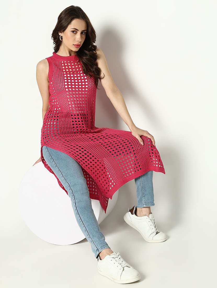 women pink solid crochet longline top - 21643528 -  Standard Image - 5