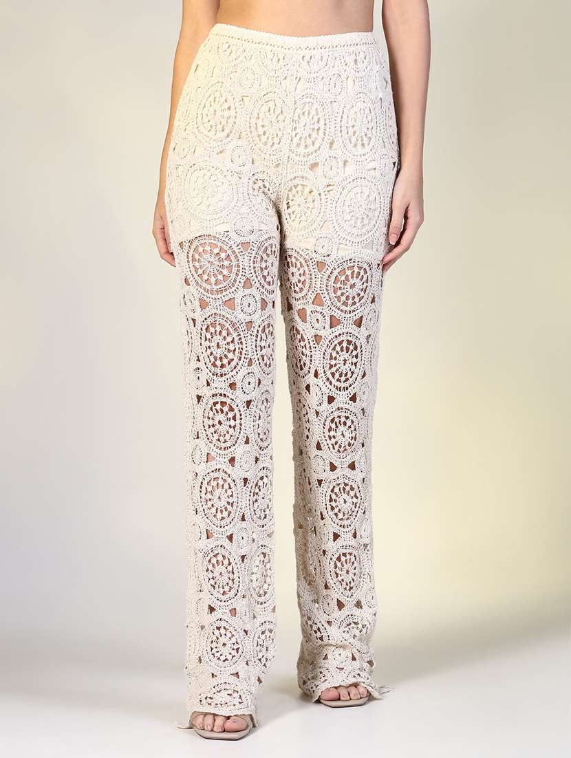  women cream solid crochet full length trouser