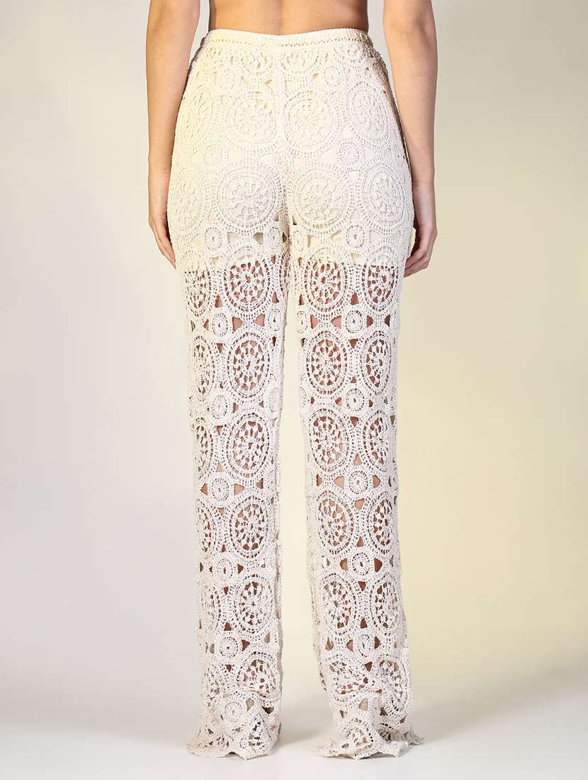  women cream solid crochet full length trouser - 21643536 -  Standard Image - 3