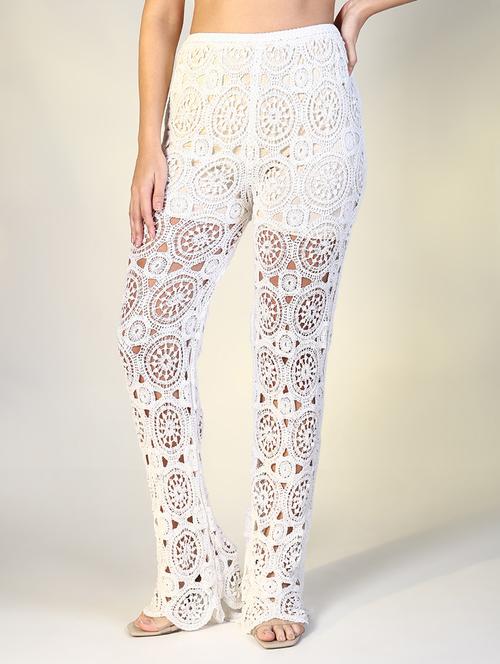 women white solid crochet full length trouser - 21643537 - Standard Image - 0