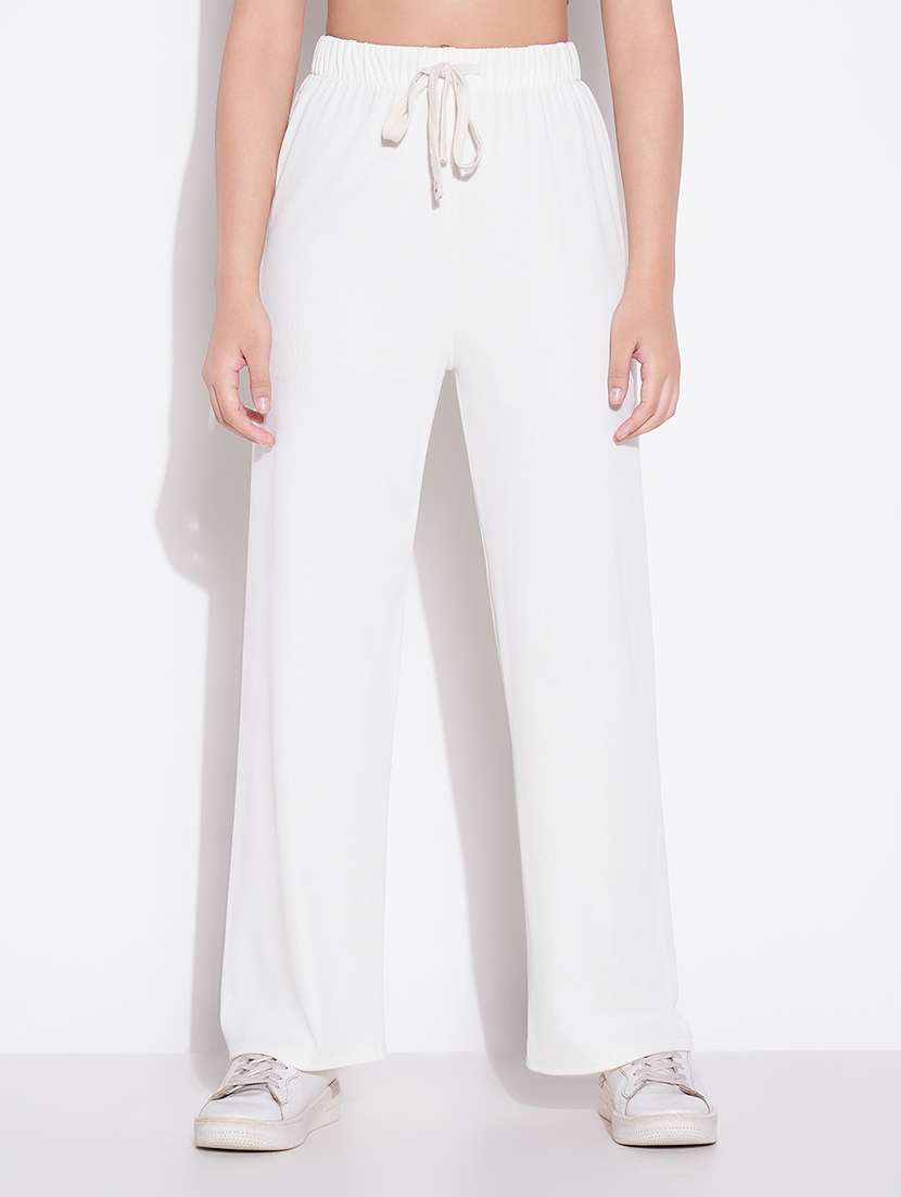 women solid high rise wide leg trouser