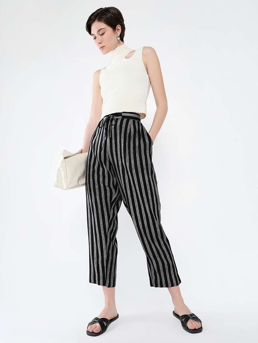 women black stripes ankle length peg trouser - 21643554 - Standard Image - 5