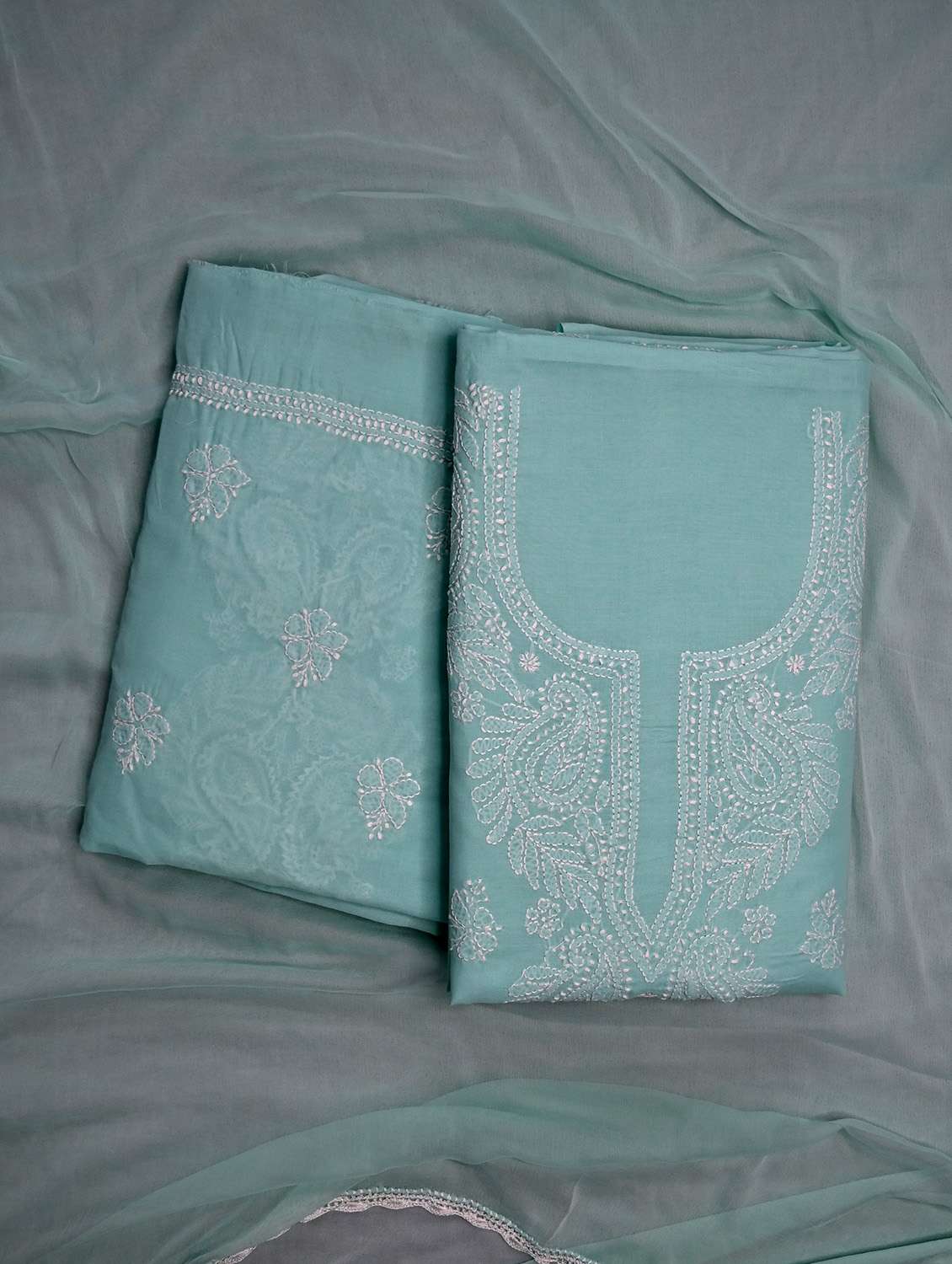 women chikankari work unstitched suit set