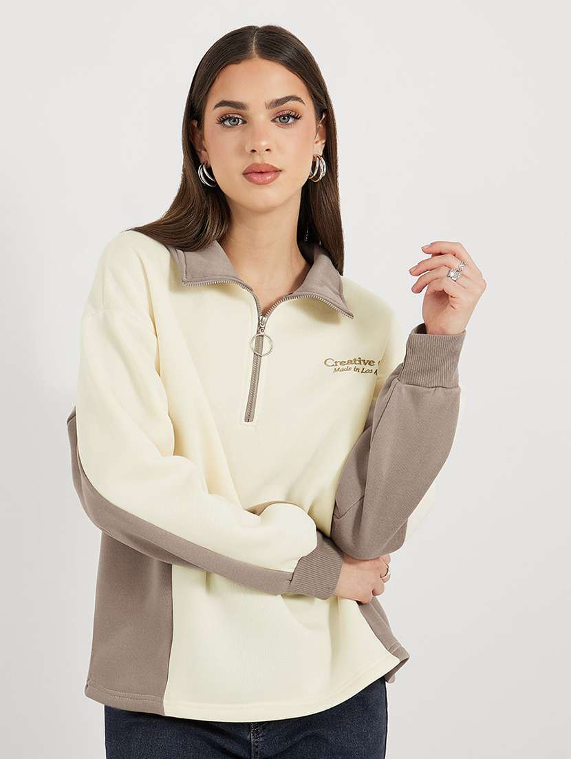 women color blocked hooded long sleeves sweatshirt