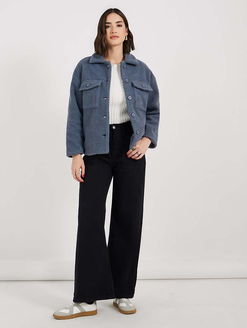 women blue solid long sleeve fur jacket - 21643748 - Standard Image - 3