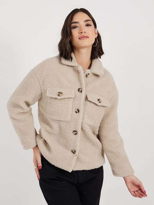 women beige solid long sleeve fur jacket - 21643749 - Standard Image - 0