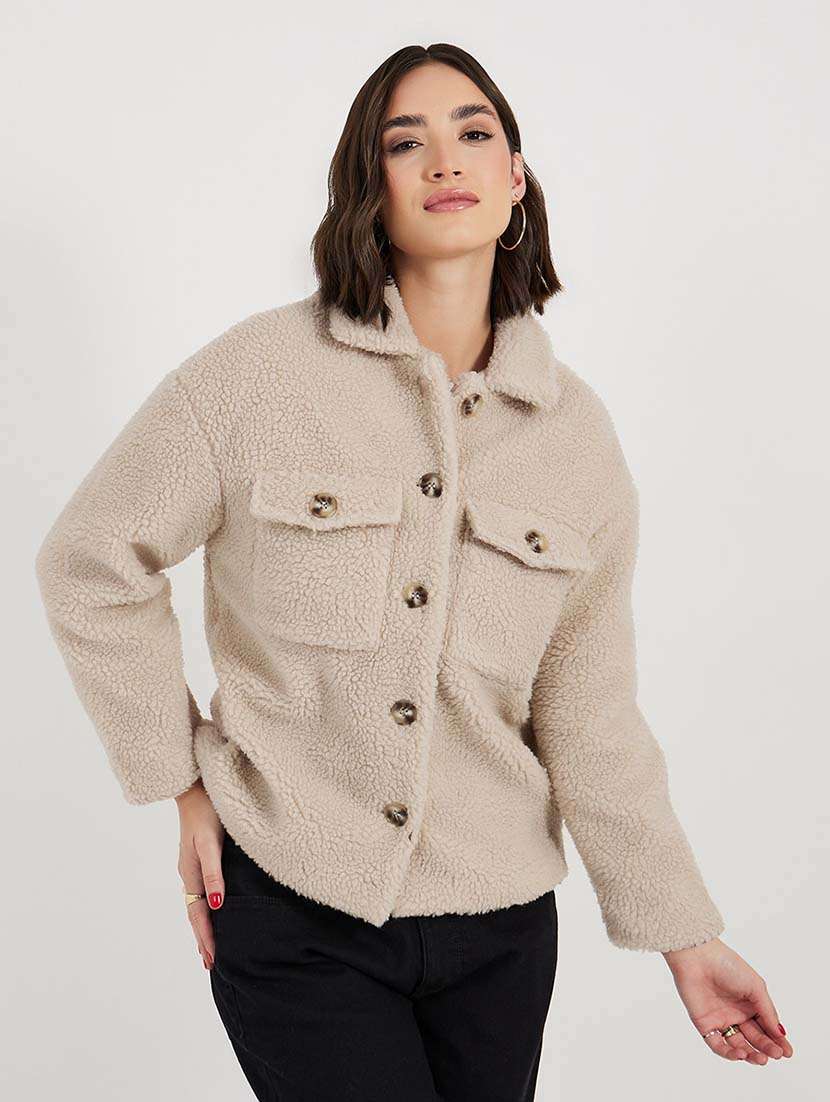 women beige solid long sleeve fur jacket - 21643749 - Zoom Image - 0