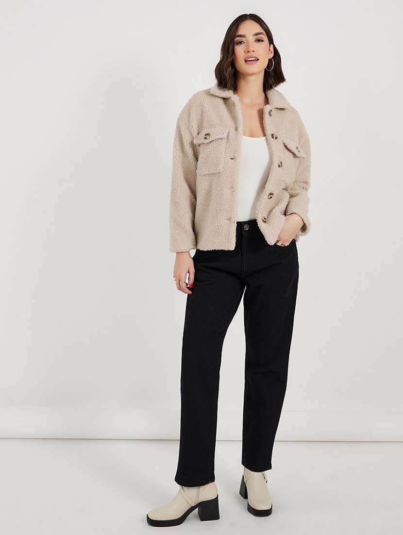 women beige solid long sleeve fur jacket - 21643749 - Standard Image - 3