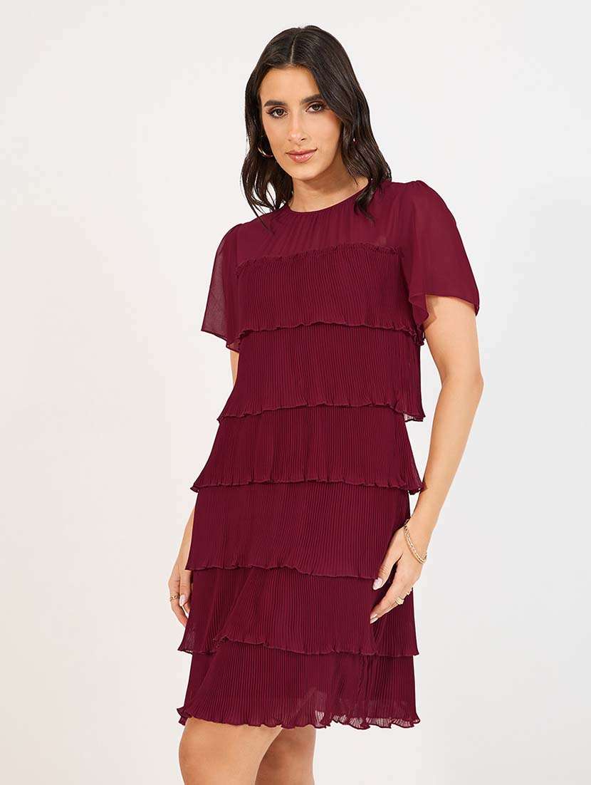 women maroon solid round neck layered dress - 21643756 -  Standard Image - 3