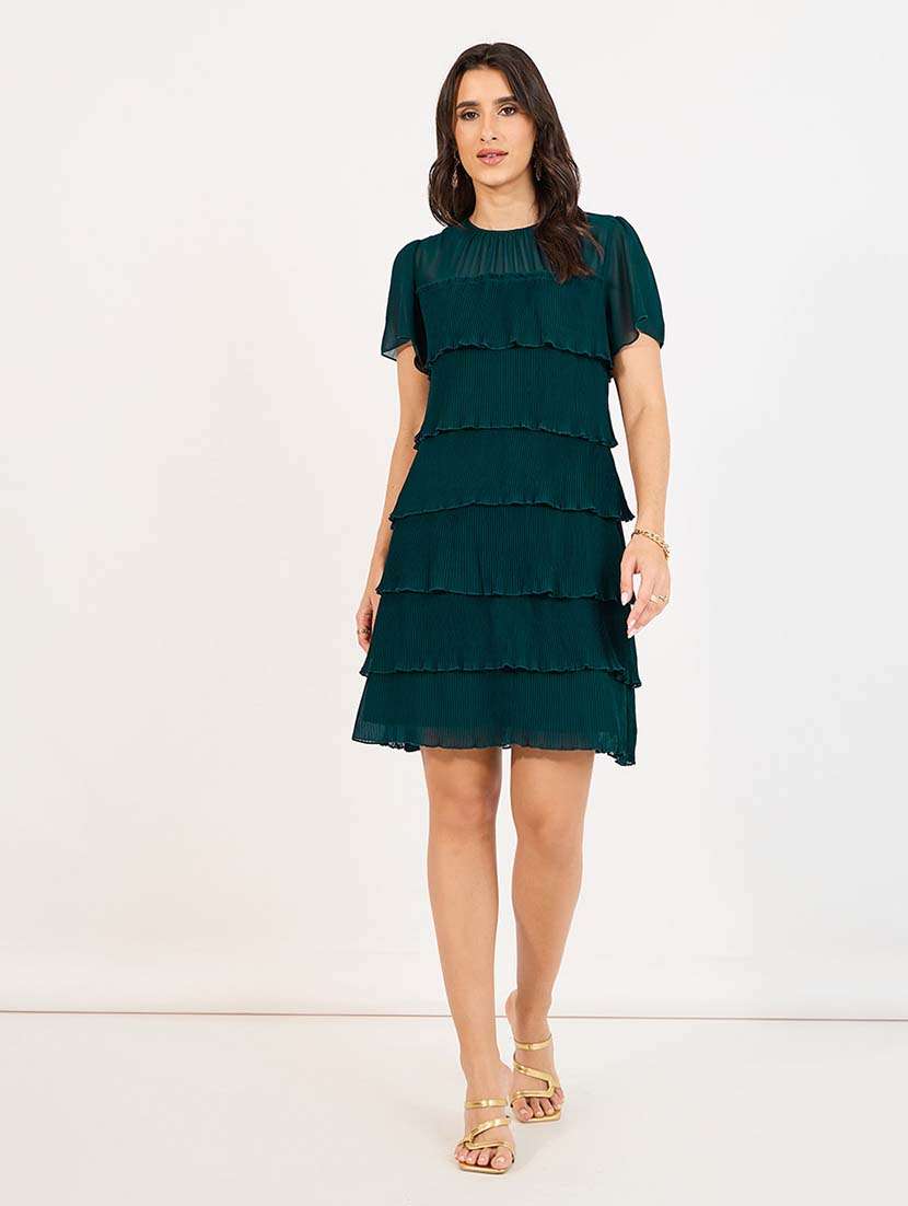 women teal solid round neck layered dress - 21643757 -  Zoom Image - 0
