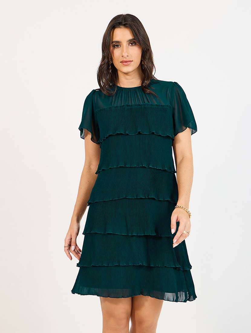 women teal solid round neck layered dress - 21643757 -  Standard Image - 3