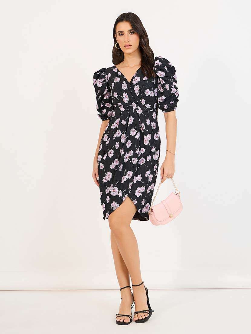 women black florals puff sleeve asymmetric dress