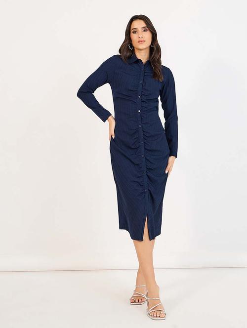 women blue solid long sleeve collared neck a-line dress - 21643761 -  Standard Image - 0