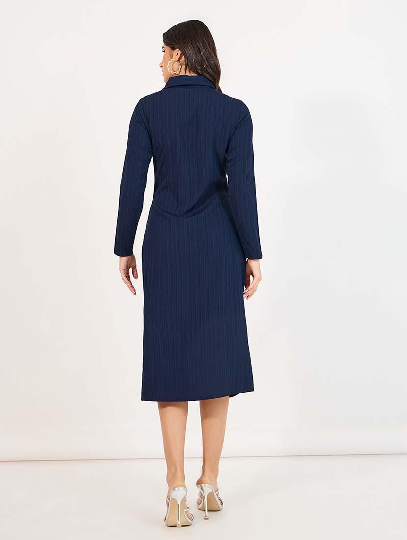 women blue solid long sleeve collared neck a-line dress - 21643761 - Standard Image - 3
