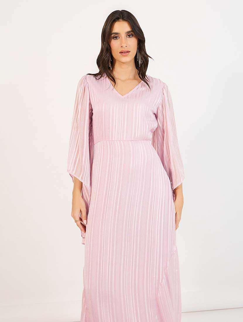 women pink stripes v neck a-line dress - 21643763 -  Standard Image - 3